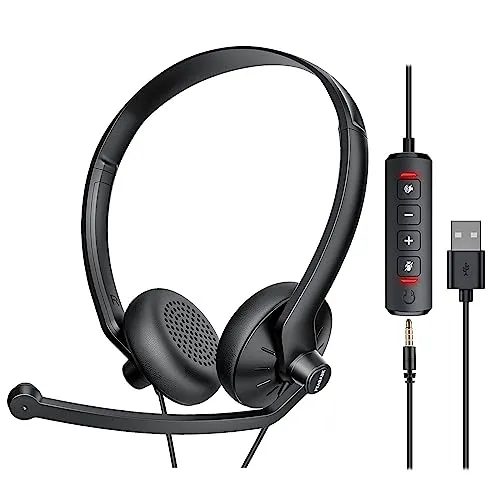 FEABASK USB Headset with Microphone for PC Laptop - Wired Computer Headphones with Noise Cancelling Microphone for Home