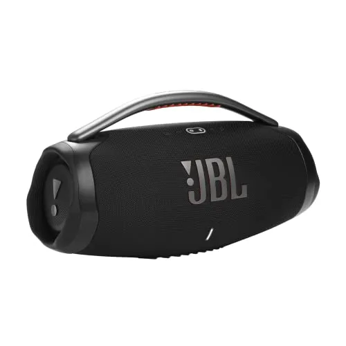 JBL Boombox 3 portable Bluetooth speaker in black, front three-quarter studio view